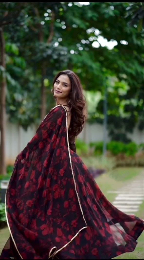Black Rose Print Alfino Chiffon Anarkali Suit Set